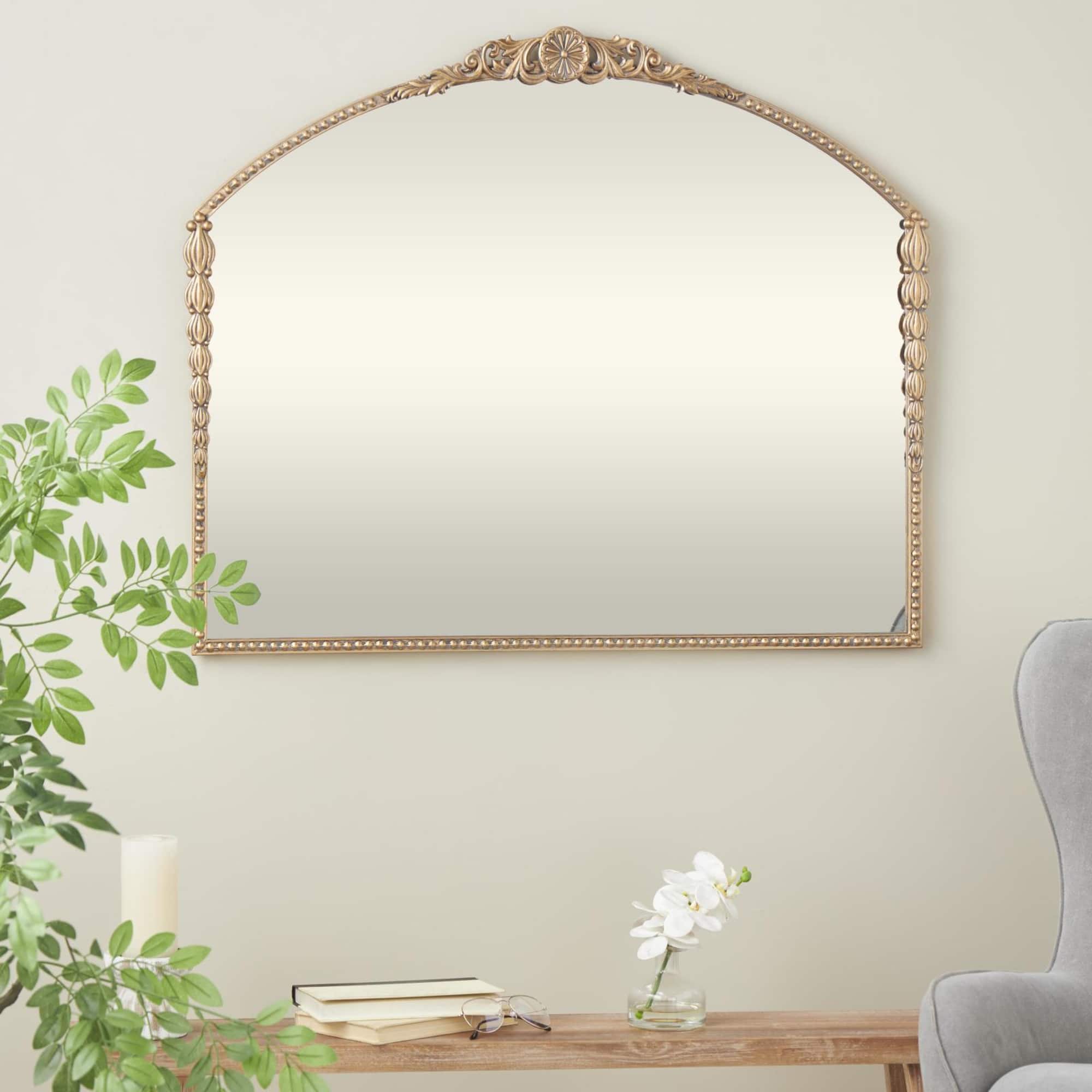 33" Gold Metal Scroll Orante Antique Arch Wall Mirror with Beaded Frame